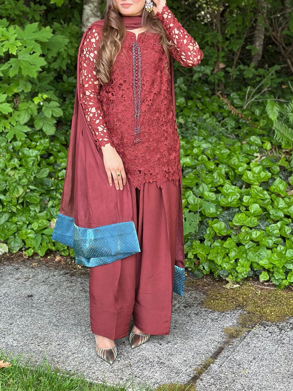 Women's Maroon Lace Top & Wide-Leg Pants Set